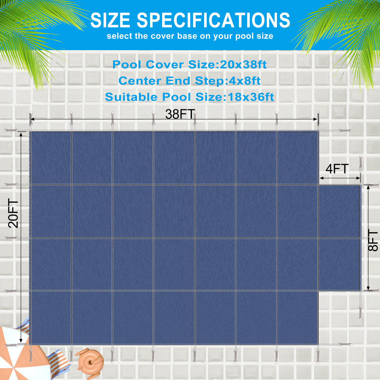 Ang Cover Safety ng Pool ay umaangkop sa 18x36ft Rectangular Ingground Winter Swimming Pool na may 4x8ft Center End Step Triple Stitched High Strength Mesh PP Great Rain Permeability Installation Hardware--Blue Mesh