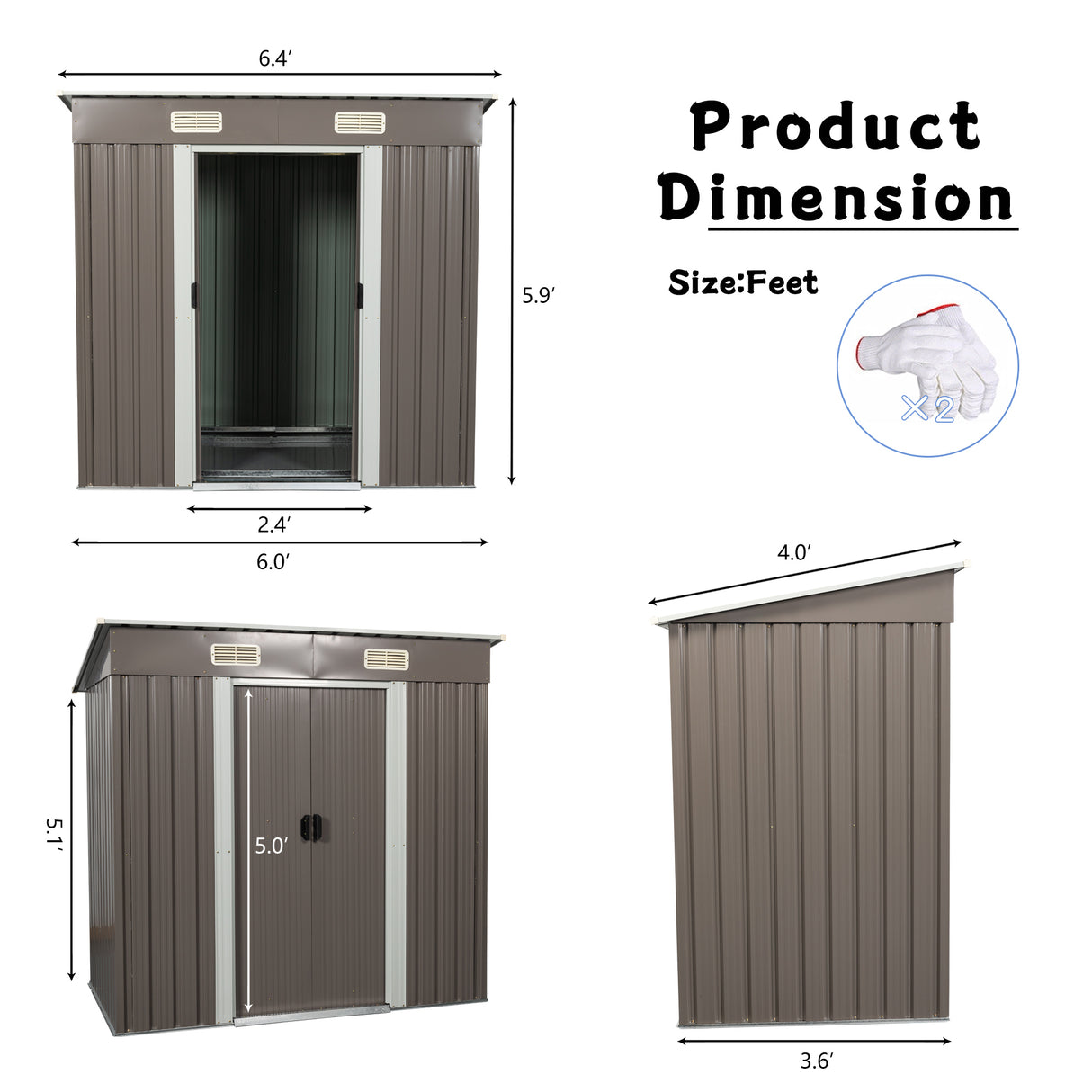 Remise de rangement extérieure en métal 6 pi x 4 pi gris