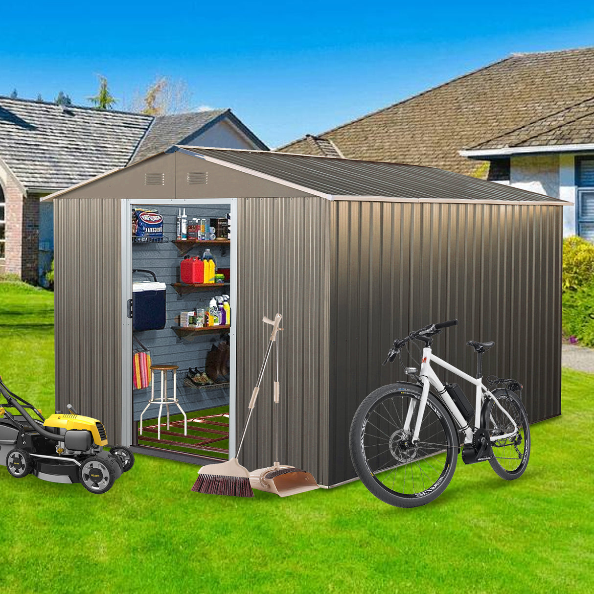 8x10ft Outdoor Metal Storage Shed Gray