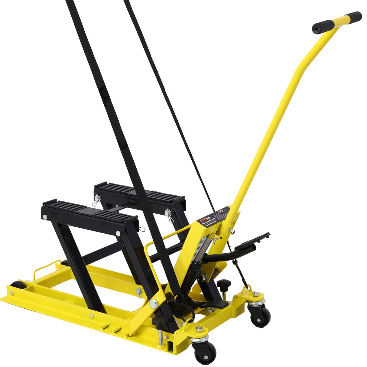 Gato elevador hidráulico para motocicleta, capacidad de 1500 libras, mesa portátil de tijera ATV con 4 ruedas, soporte de elevación accionado por el pie con amarre, color amarillo