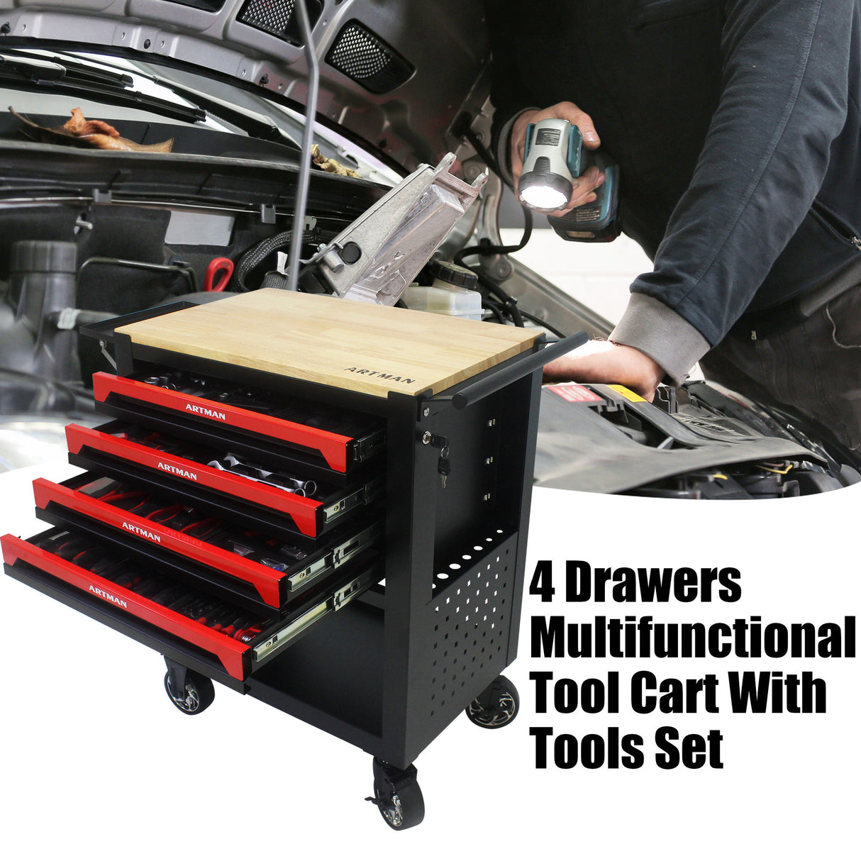 4 Drawers Multifunctional Tool Cart with Tool Set and Wooden Top Black