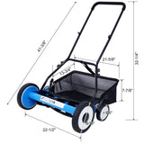 Cortacésped de carrete de empuje de 5 cuchillas de 16 pulgadas con recogedor de césped 4 ruedas azul