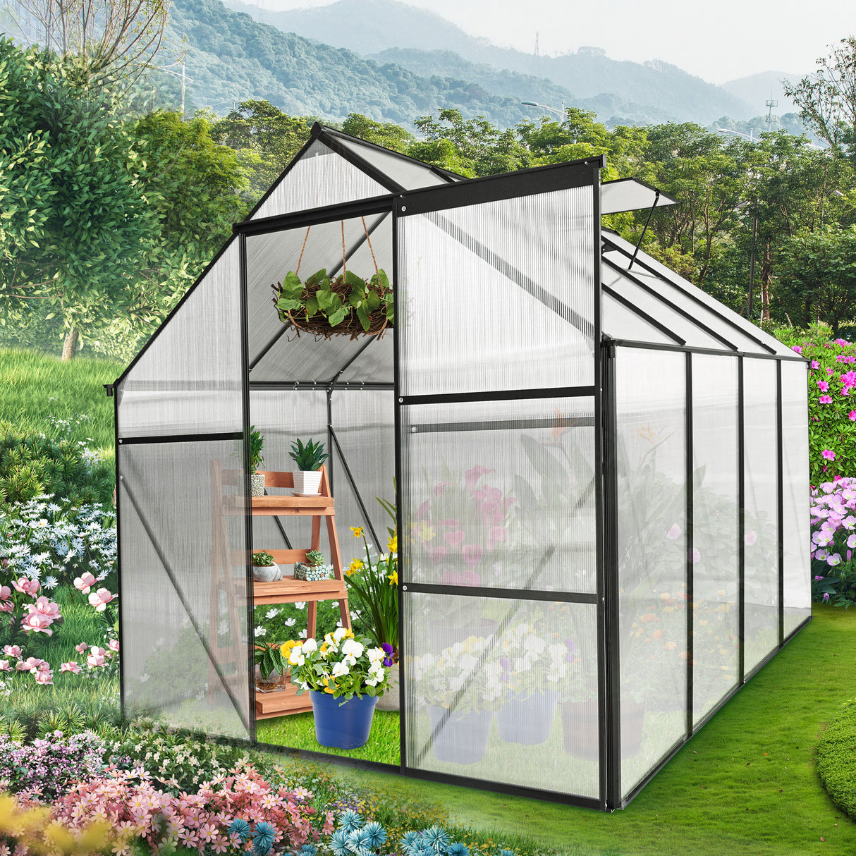 6x8 FT Polycarbonat-Gewächshaus mit erhöhtem Sockel und Anker, robustes begehbares Aluminium für den Garten im Freien, ganzjährig in Schwarz erhältlich