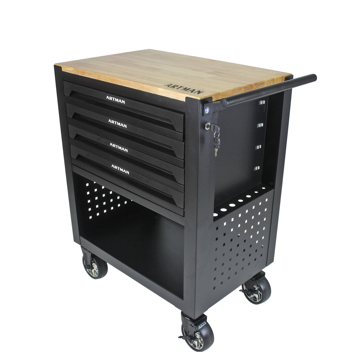 4 Drawers Multifunctional Tool Cart with Wheels and Wooden Top Black