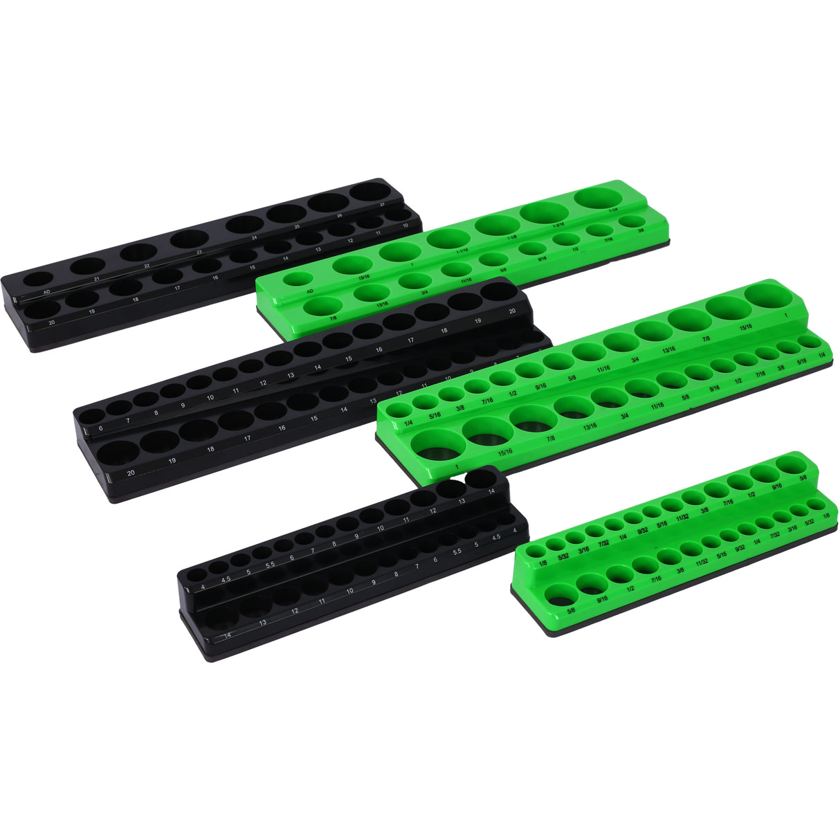 6-Piece Magnetic Socket Organizer Holder Set Includes 1/4" 3/8" 1/2" Drive Metric SAE Trays Holds 141 Pieces Standard Size and Deep Size Sockets(Socket not Included)--Green and Black