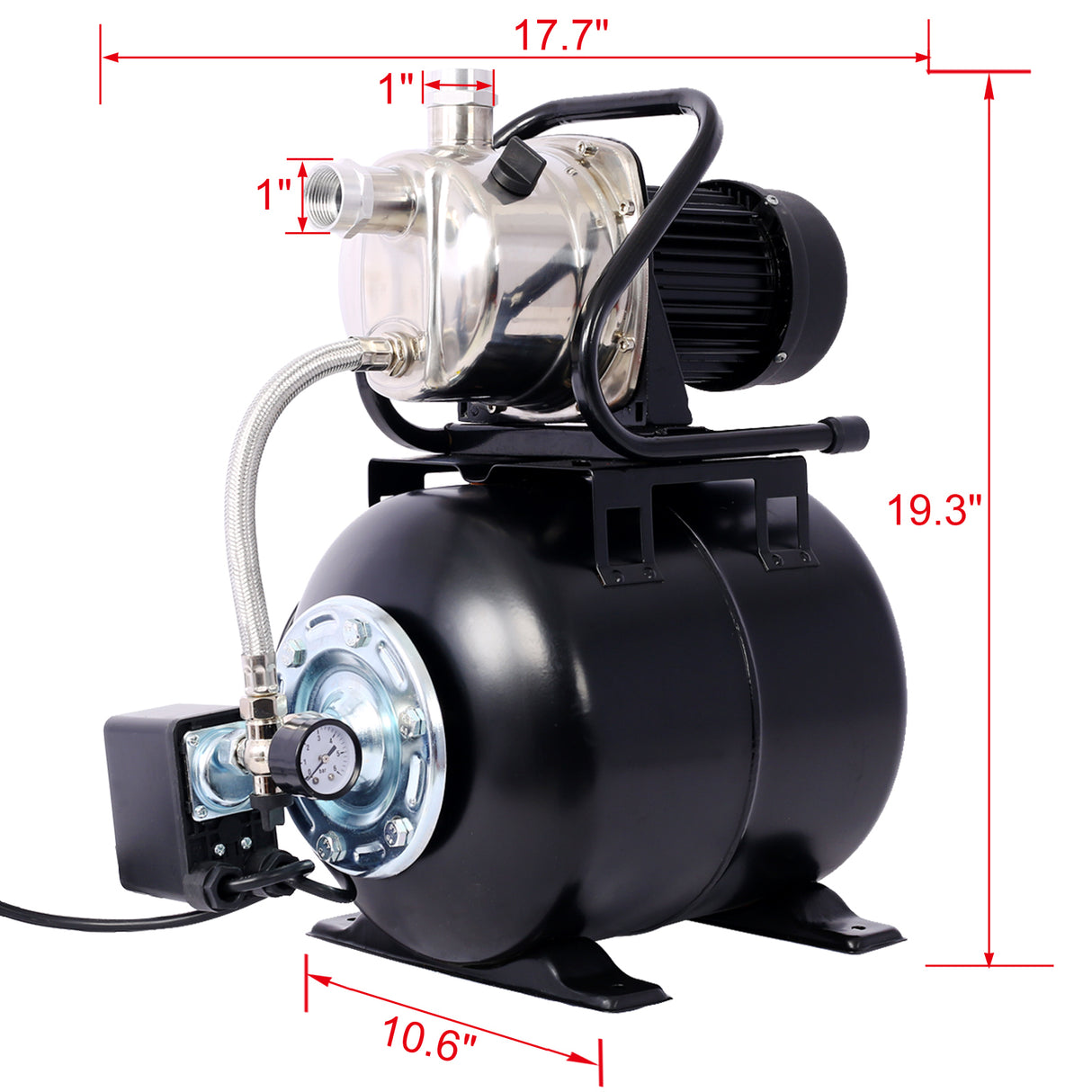 1.6HP Shallow Well Pump with Pressure Tank Garden Water Pump Irrigation Pump Automatic for Home Lawn Farm Stainless Steel Head