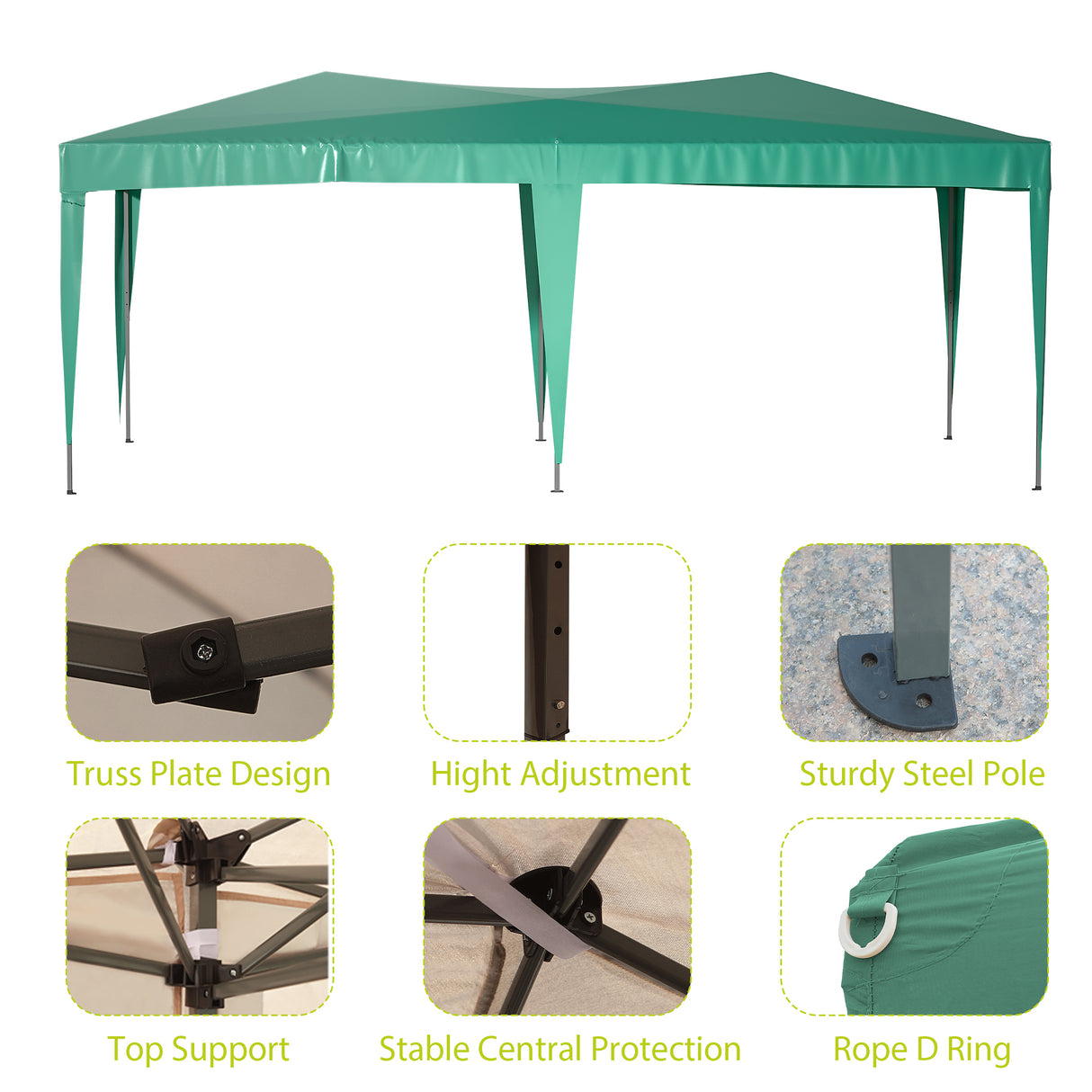 Auvent Pop-Up 10'x 20', tente pliante de fête Portable d'extérieur avec 6 parois latérales amovibles + sac de transport + 6 sacs de poids vert