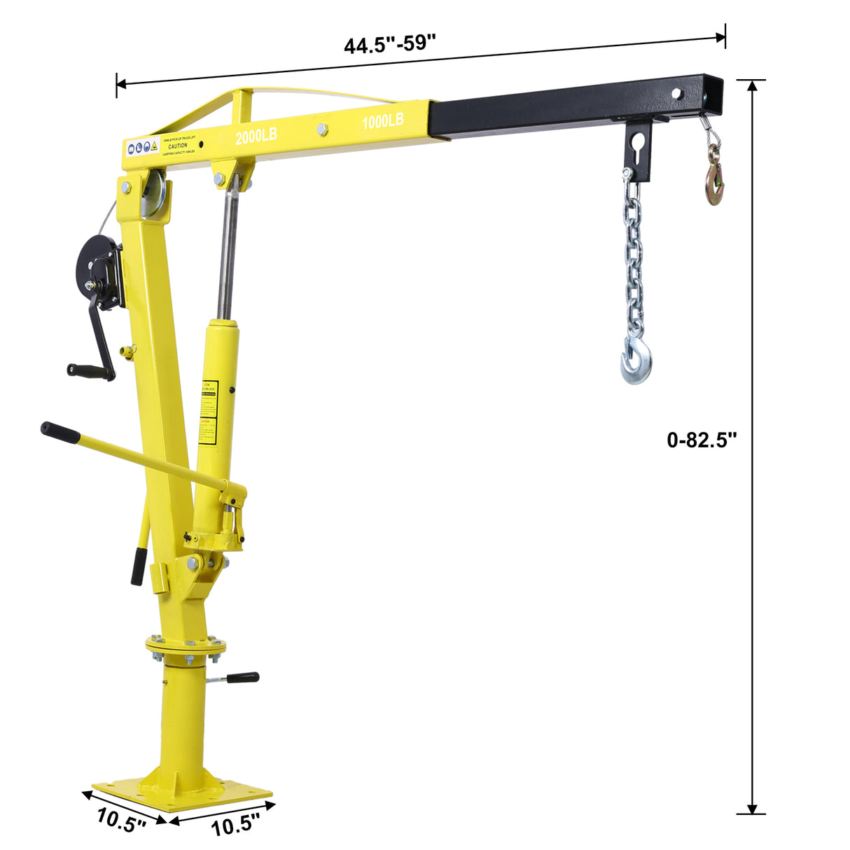 Grue de camionnette hydraulique avec treuil manuel, flèche de levage de lit, 2 000 lb. Capacité Jaune