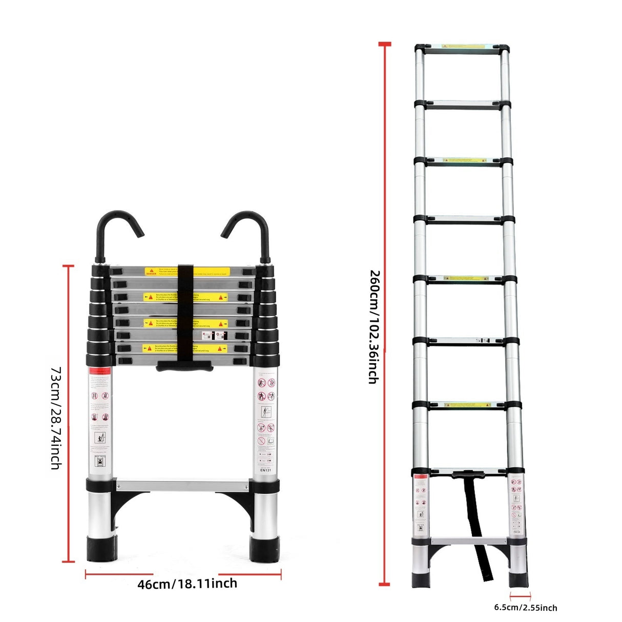 Escalera telescópica de 8.5 pies, plegable multiusos de aleación de aluminio con ganchos y marco de soporte triangular, adecuada para trabajo al aire libre en casa o RV