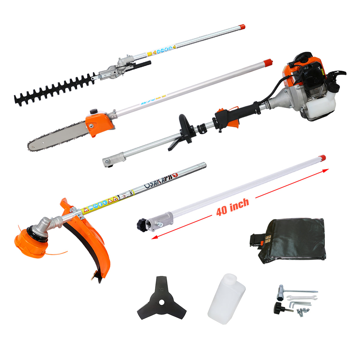 5 in 1 Multi-Functional Trimming Tool 56CC 2-Cycle Garden System with Gas Pole Saw Hedge Grass Trimmer and Brush Cutter EPA Compliant