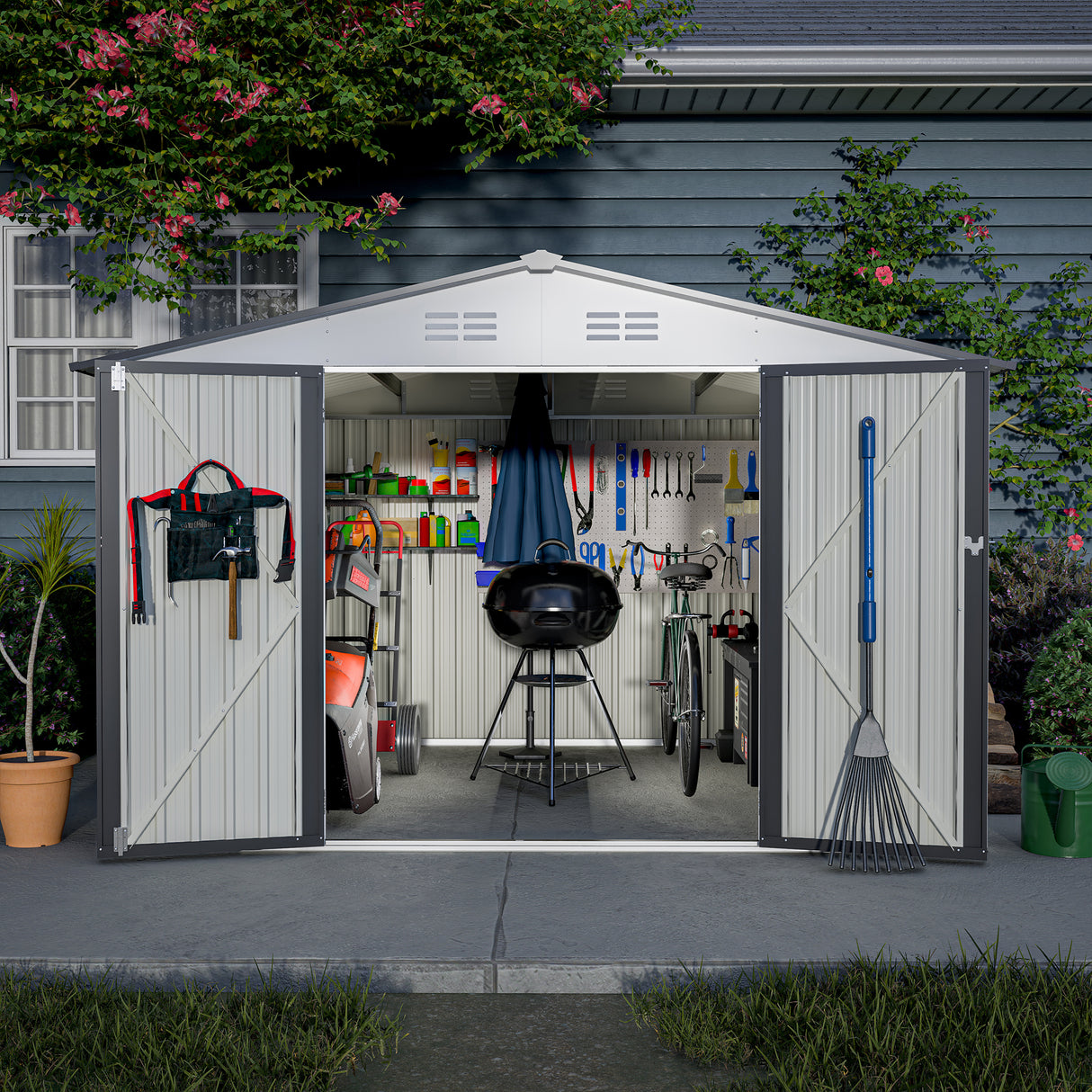 10X8 FT Outdoor Storage Shed Lahat ng Weather Metal na may Lockable Doors Tool para sa Patio ng Hardin sa Backyard Lawn Gray