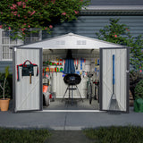 Hangar de rangement extérieur en métal, 10x8 pieds, résistant aux intempéries, avec portes verrouillables, outil pour jardin, Patio, arrière-cour, pelouse, gris