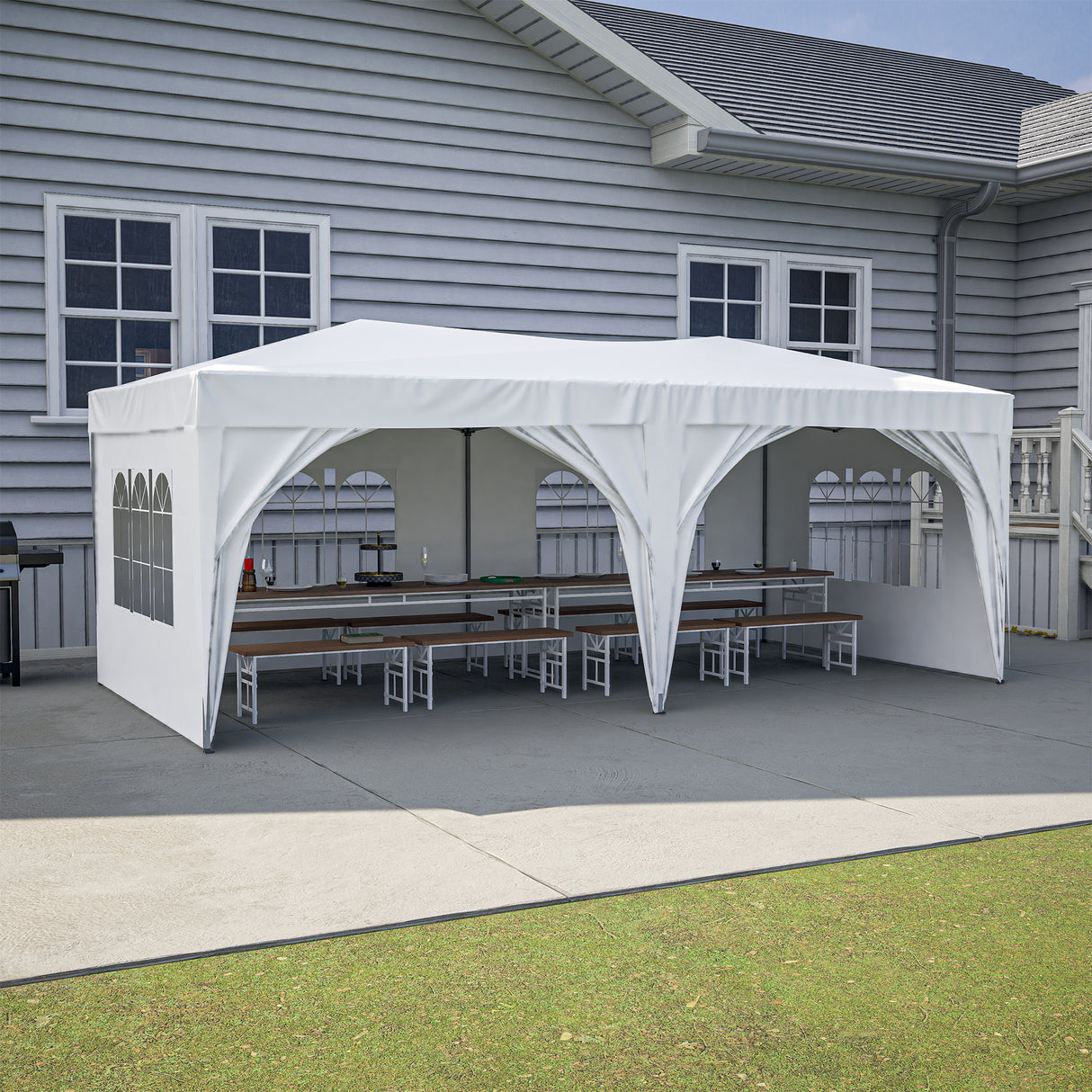 10'x20' EZ pop-up luifel buiten draagbare feestvouwtent met 6 verwijderbare zijwanden + draagtas + 6 stuks gewichtszak beige wit