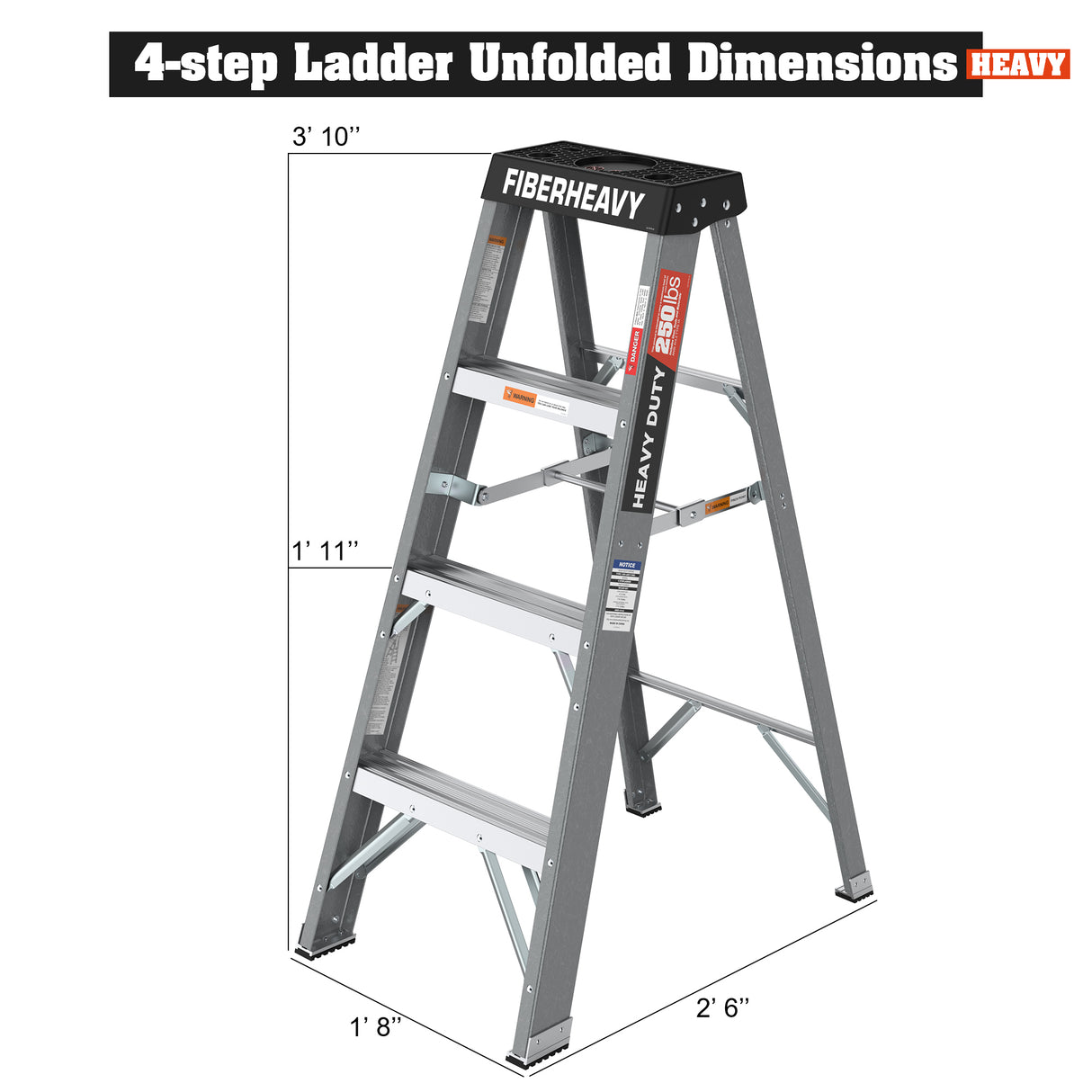 Fiberglas-Stufenleiter 4 Fuß, 250 lbs – Grau