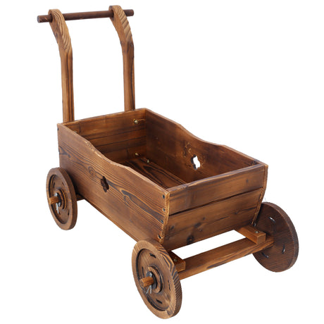 Wooden Wagon Planter Box Mobile Garden with 4 Wheels Handle Drain Hole Decorative Flower for Indoor & Outdoor Decor Flower Cart for Patio Balcony--Brown