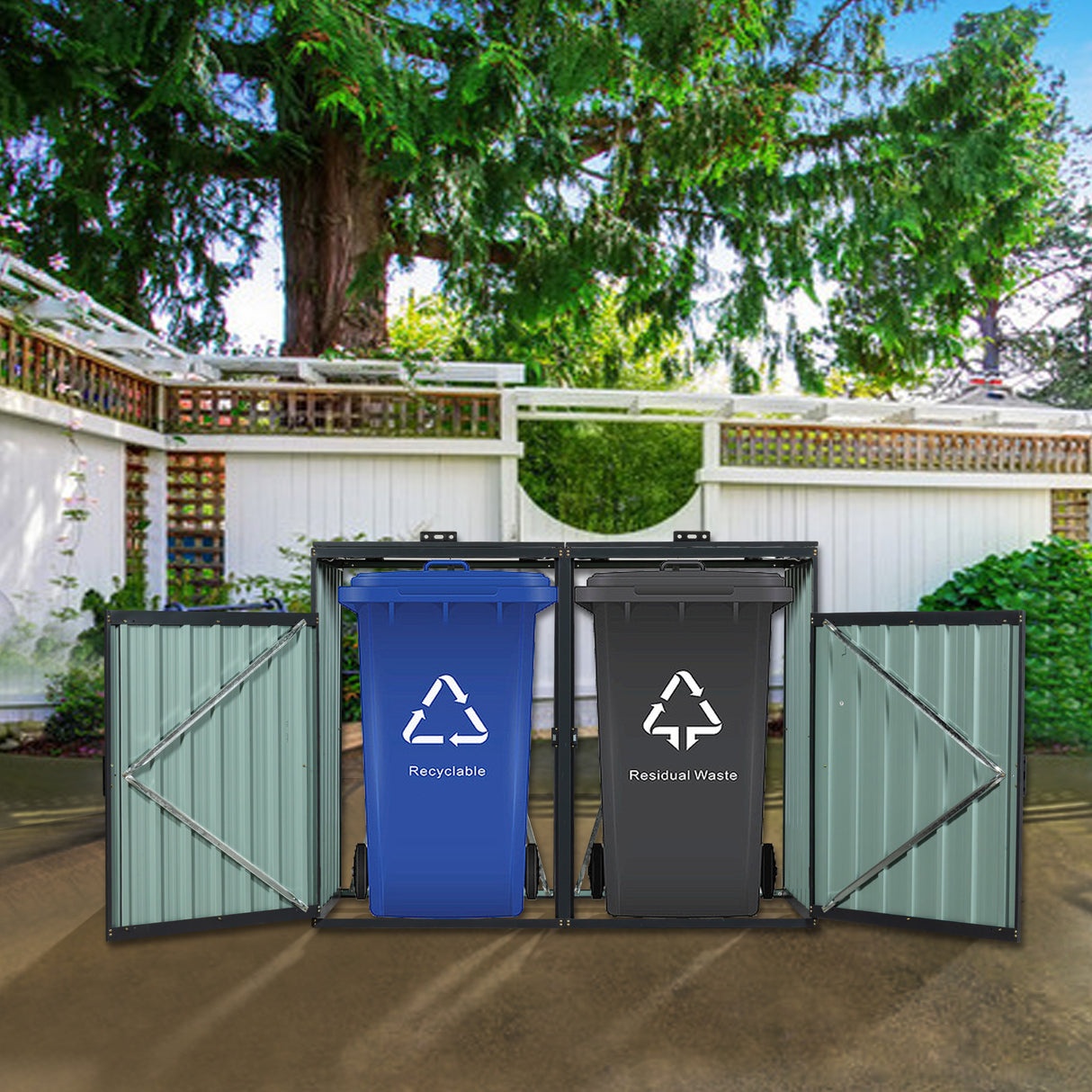 Garbage Bin Shed Stores 2 Trash Cans Metal Outdoor for Storage Stainless Galvanized Steel for Garden Yard Lawn Charcoal