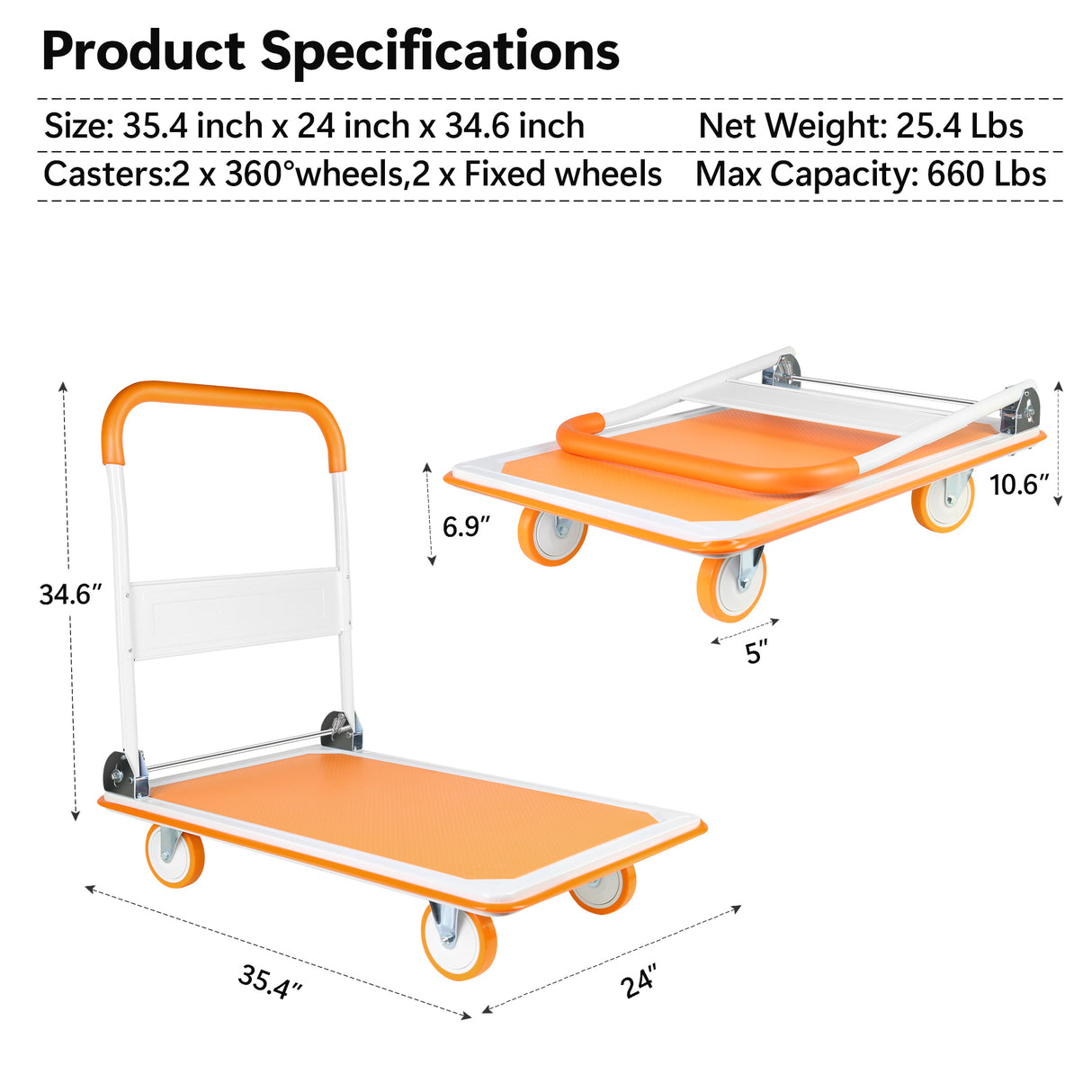 Foldable Push Cart Dolly 660 Lb Capacity Heavy Duty Moving Platform Hand Truck White & Orange