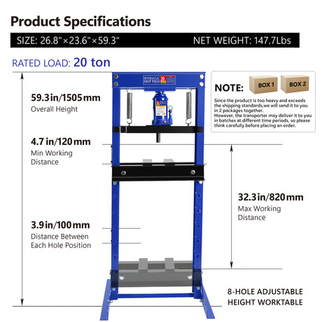 Hydraulic Shop Floor Press 20 Ton Steel H-Frame with Plates Adjustable Working Table Stand Jack for Gears and Bearings