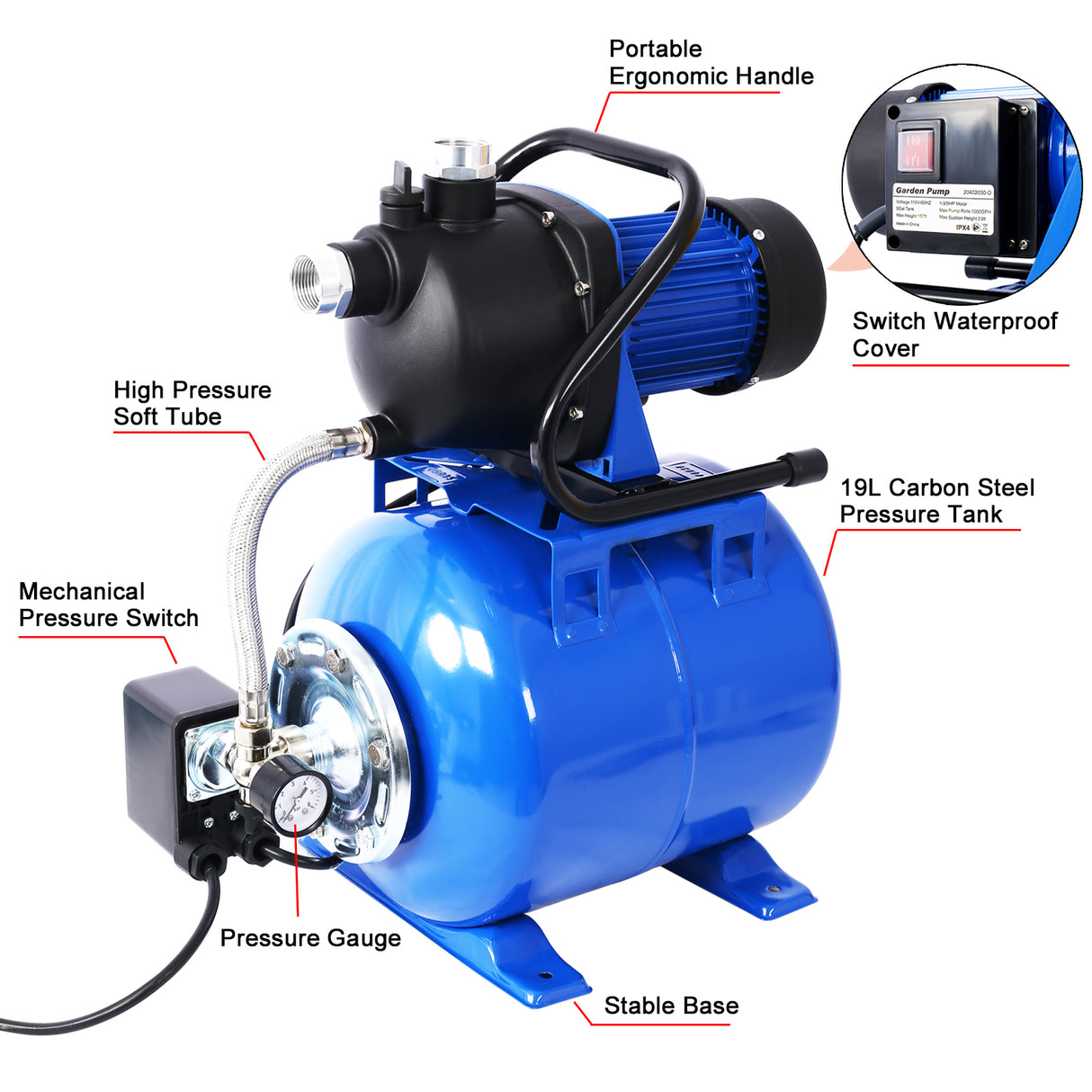 1.6HP Shallow Well Pump na may Pressure Tank Garden Water Irrigation Awtomatikong Booster Pump para sa Home Garden Lawn Farm