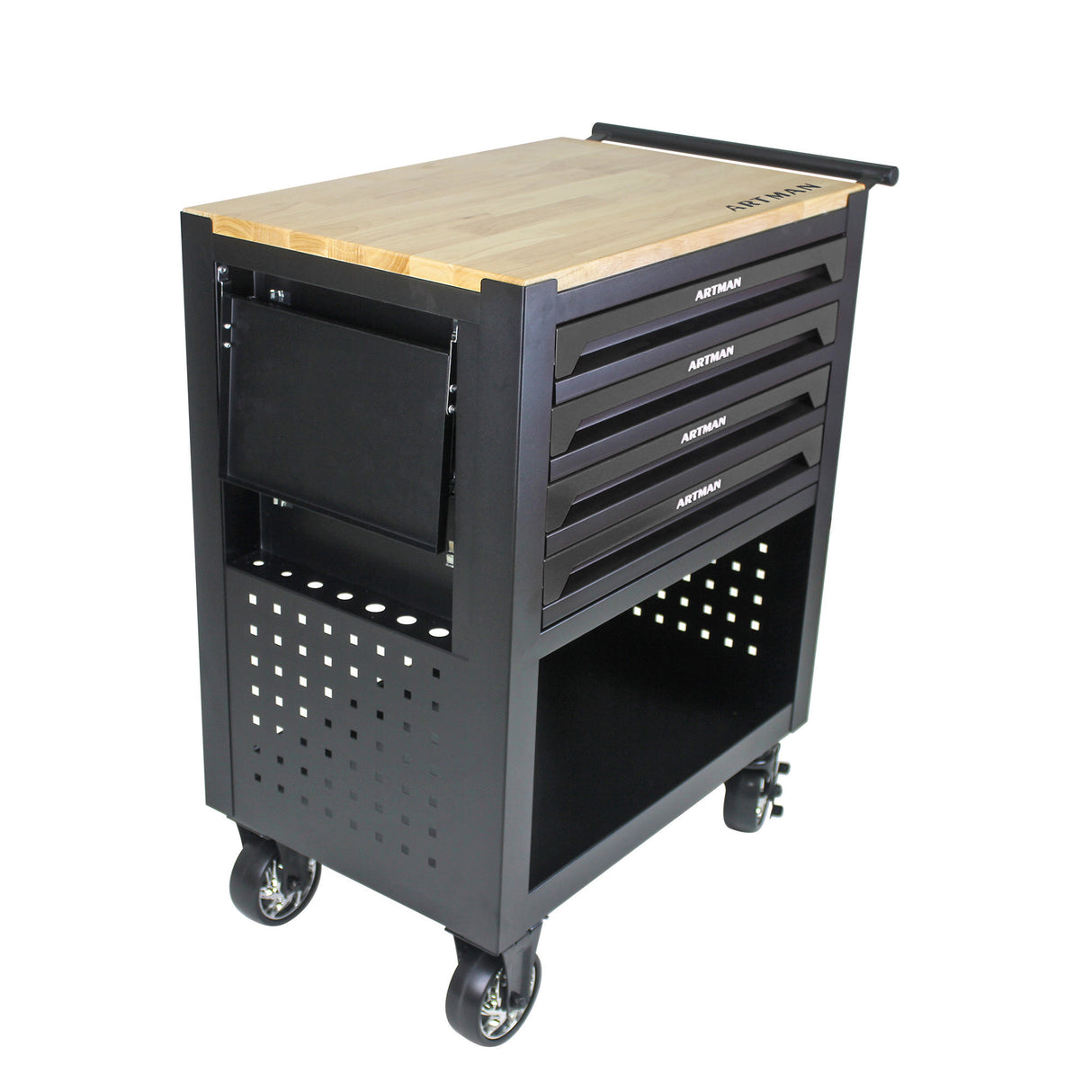 4 Drawers Multifunctional Tool Cart with Wheels and Wooden Top Black