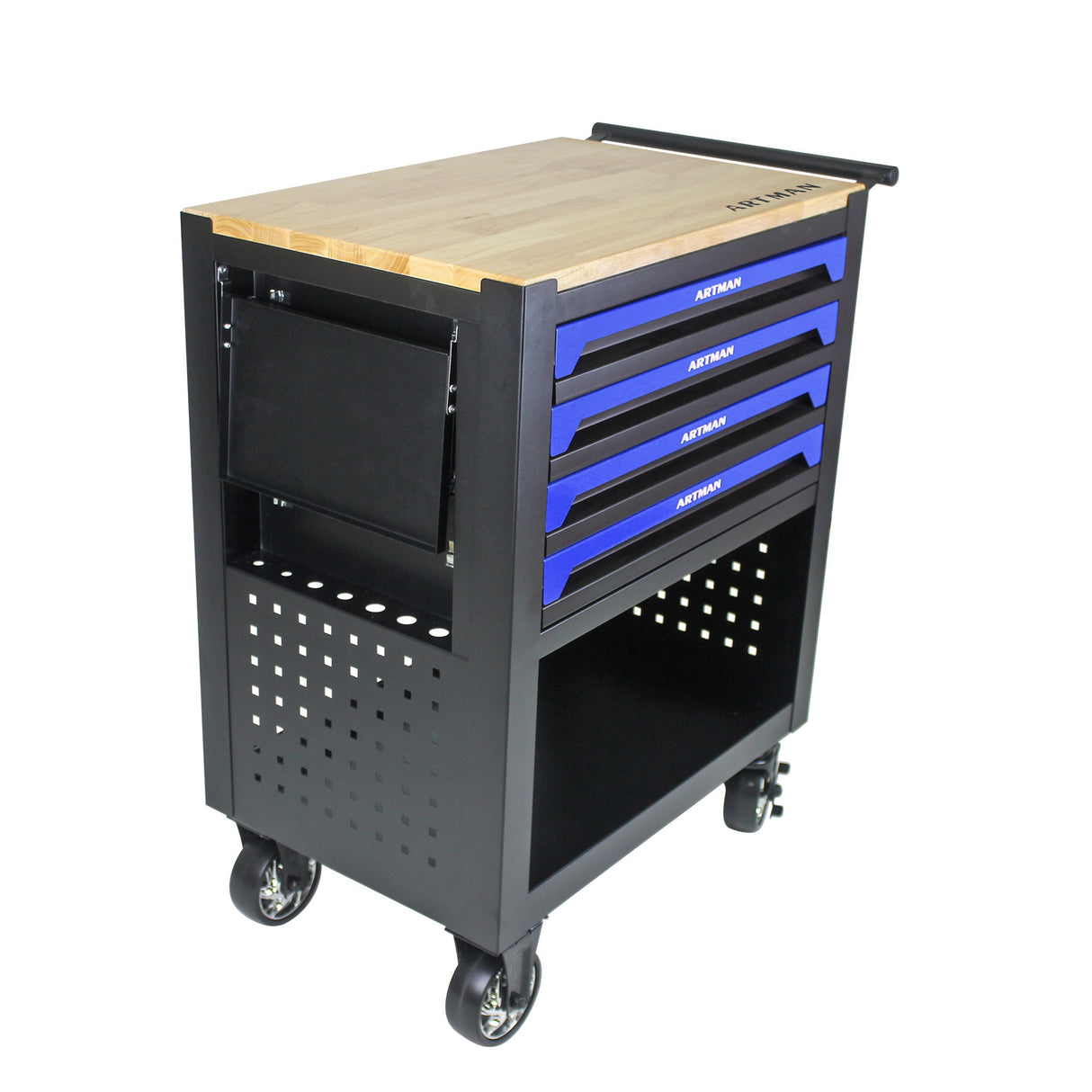 4 Drawers Multifunctional Tool Cart with Wheels and Wooden Top Blue