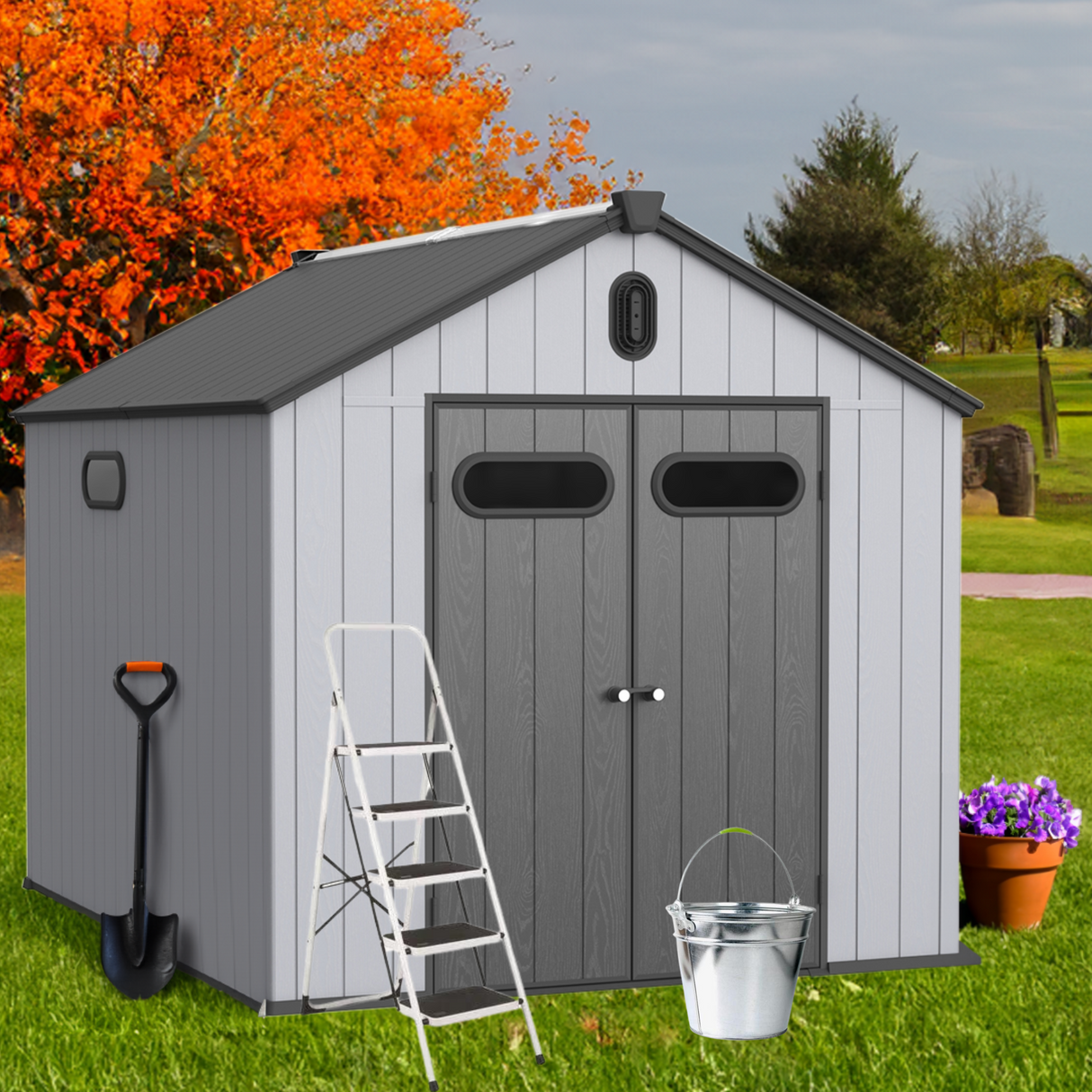 8×10ft Plastic Storage Shed para sa Backyard Garden Big Spire Tool Black Gray