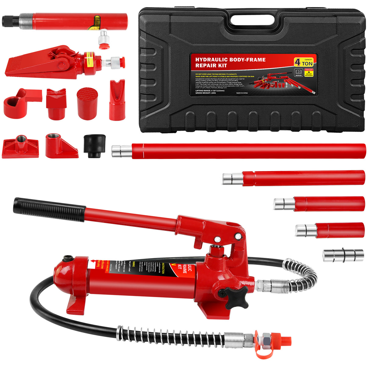 4 Ton Porta Power Kit Portable Hydraulic Jack with Oil Hose Auto Body Frame Kit with Storage Case for Car Repair Truck Farm