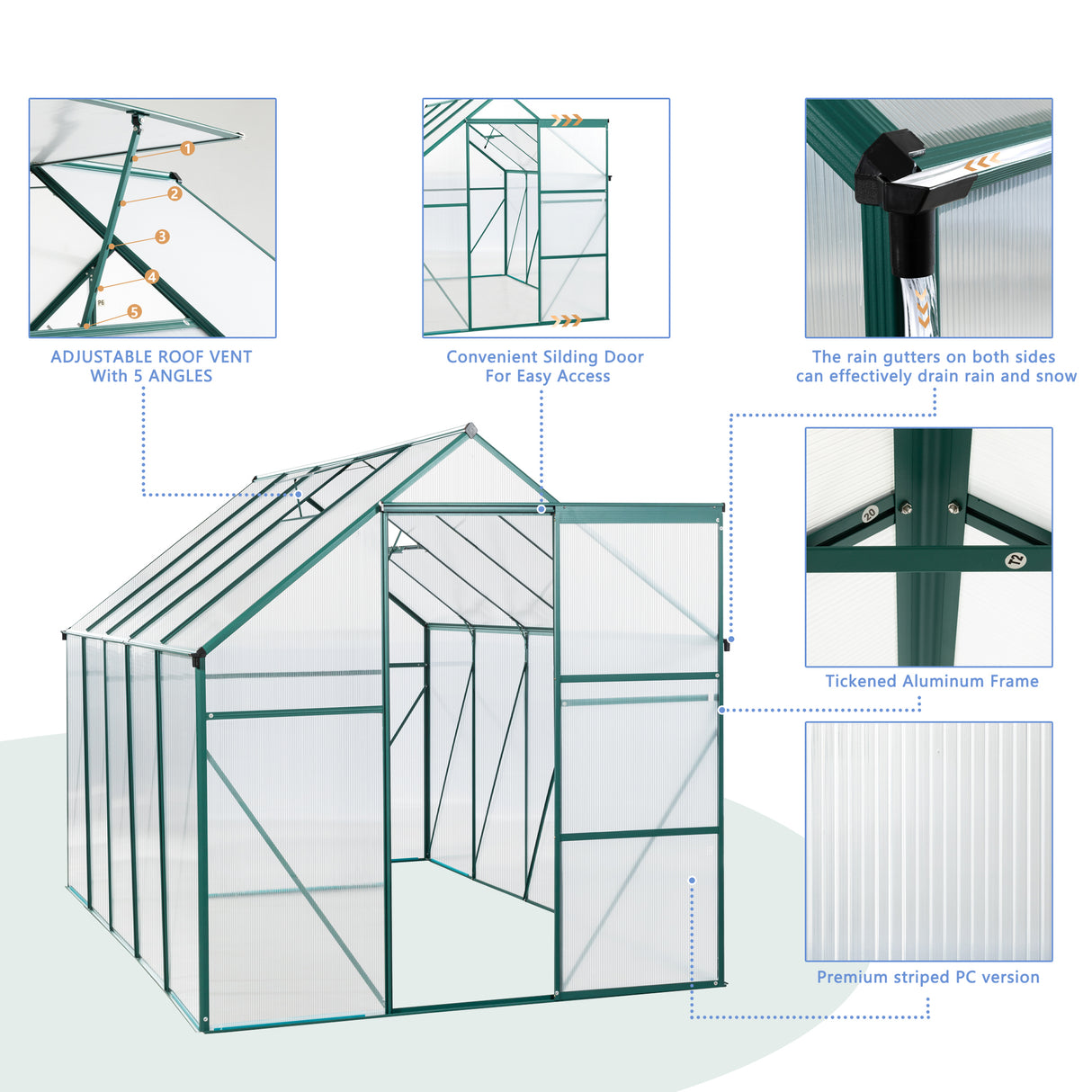 6X10FT polycarbonaat kas verhoogde basis en anker aluminium zware inloop voor buiten achtertuin in het hele seizoen groen