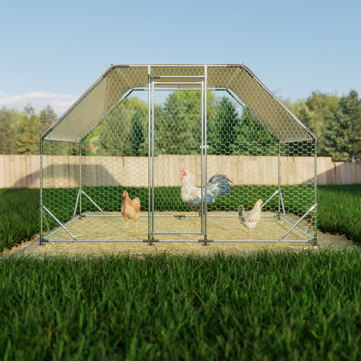 9.94'L x 6.46'W x 6.36'ft Metal Large Chicken Coop Walk-in Poultry Cage Run Flat Shaped with Waterproof