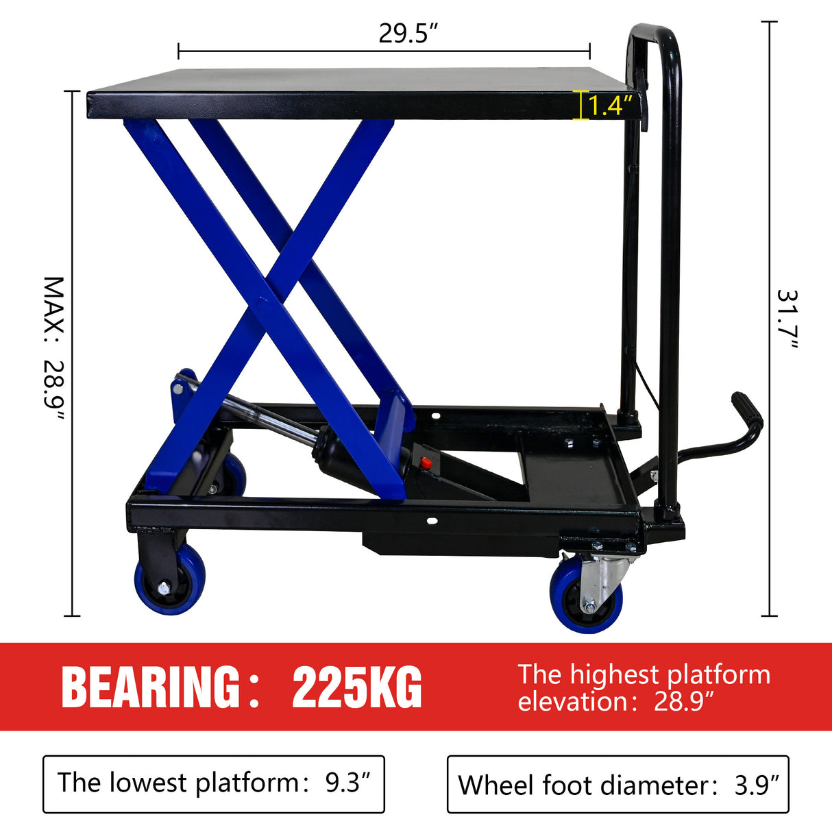 Hydraulic Lift Trolley 500 LBS Capacity with 4 Wheels for Material Handling and Transportation--Black+Blue