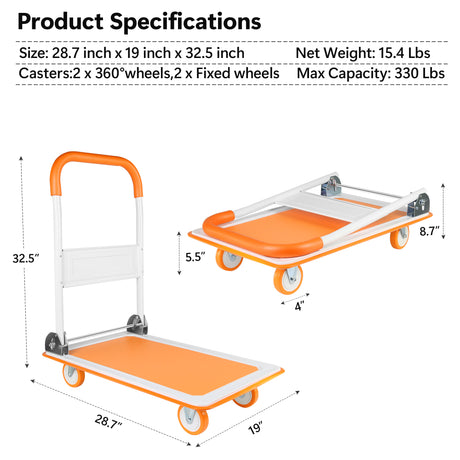 Carrito de empuje con plataforma móvil, carretilla de mano plegable para fácil almacenamiento y ruedas giratorias de 360 ​​grados con capacidad de peso de 330lb