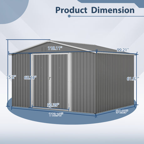 10X8 FT Outdoor Storage Shed Lahat ng Weather Metal na may Lockable Doors Tool para sa Patio ng Hardin sa Backyard Lawn Gray