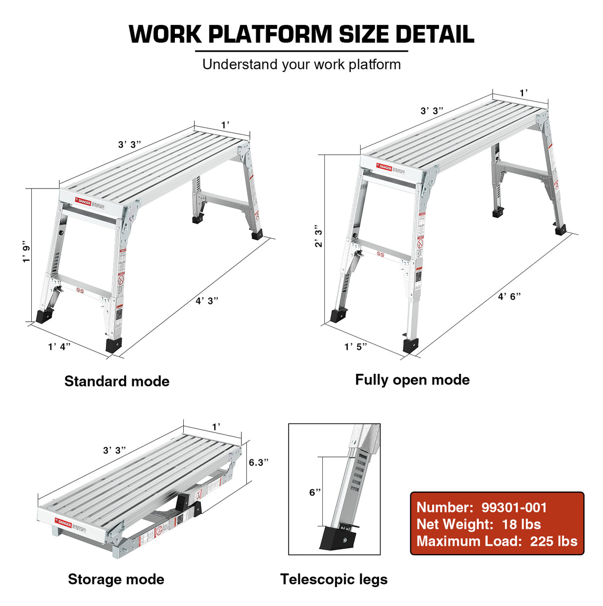 Plataforma de trabajo de aluminio Taburete de gran tamaño Banco portátil plegable 40 "de ancho Pies telescópicos 22" -27.5 "Altura ajustable - Gris