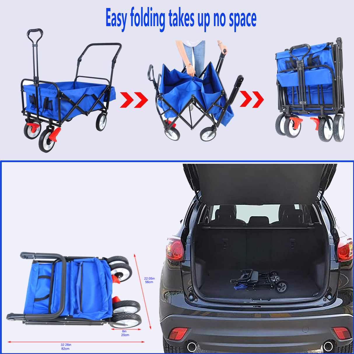 Folding Collapsible Outdoor Utility Wagon Heavy Duty Garden Portable Hand Cart Drink Holder Adjustable Handles Blue