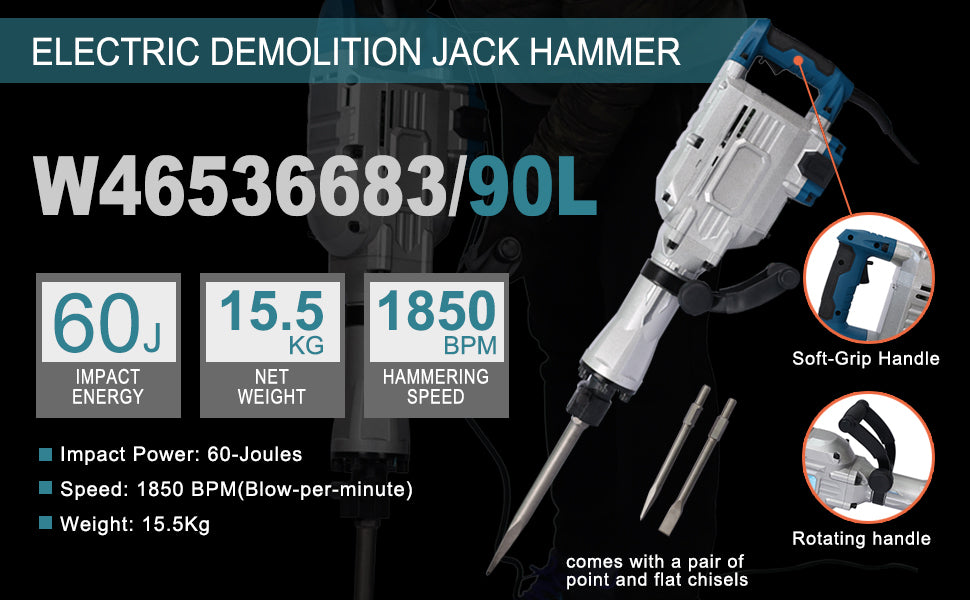 Elektrischer Abbruchhammer mit 1700 W und 1850 Schlägen pro Minute, 1-1/8 Zoll SDS-Sechskant-Bohrer-Set für Beton- und Straßenbrecher