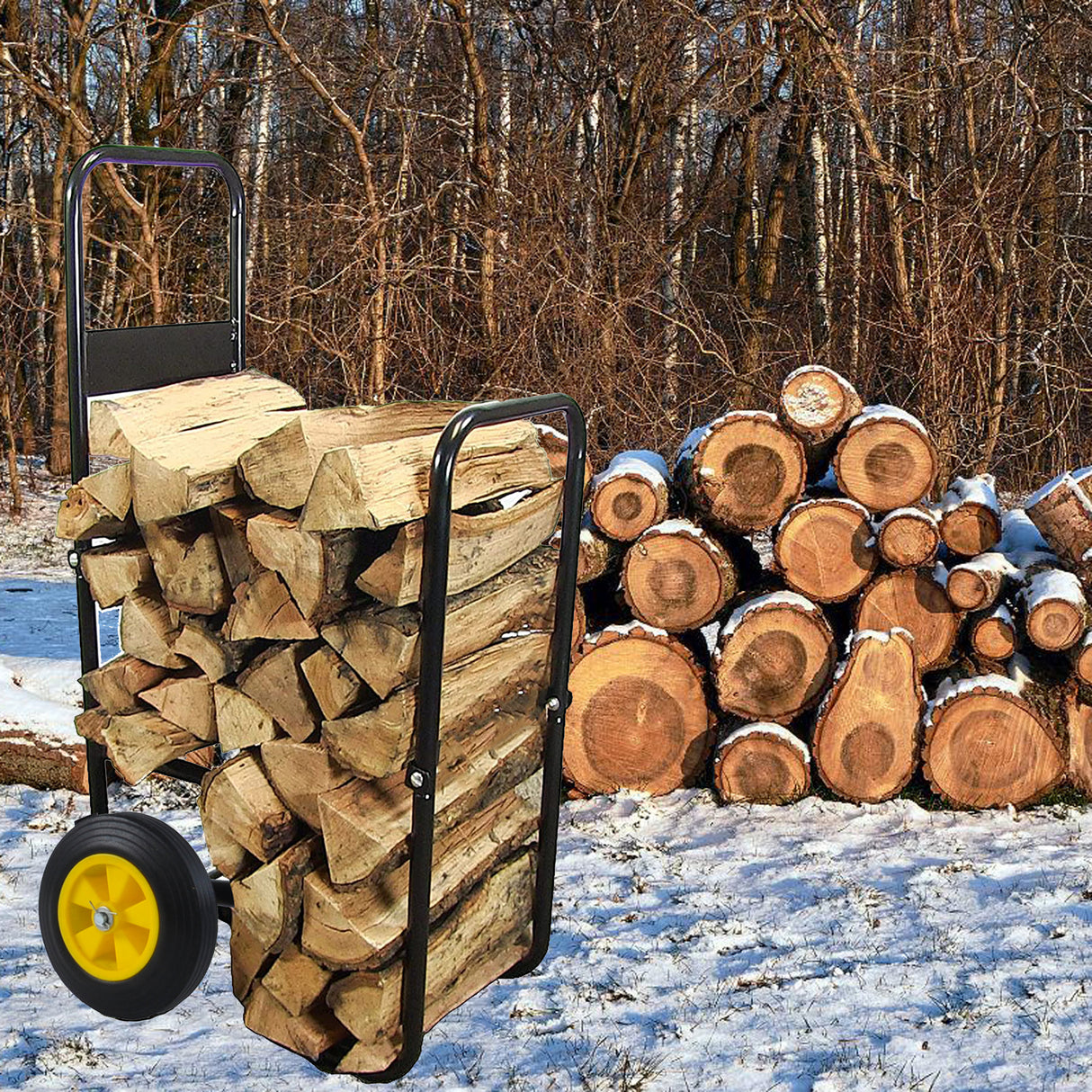 Carro de troncos para leña, transportador de madera de acero negro para interiores y exteriores, transportador de almacenamiento con ruedas rodantes, equipo móvil de Metal