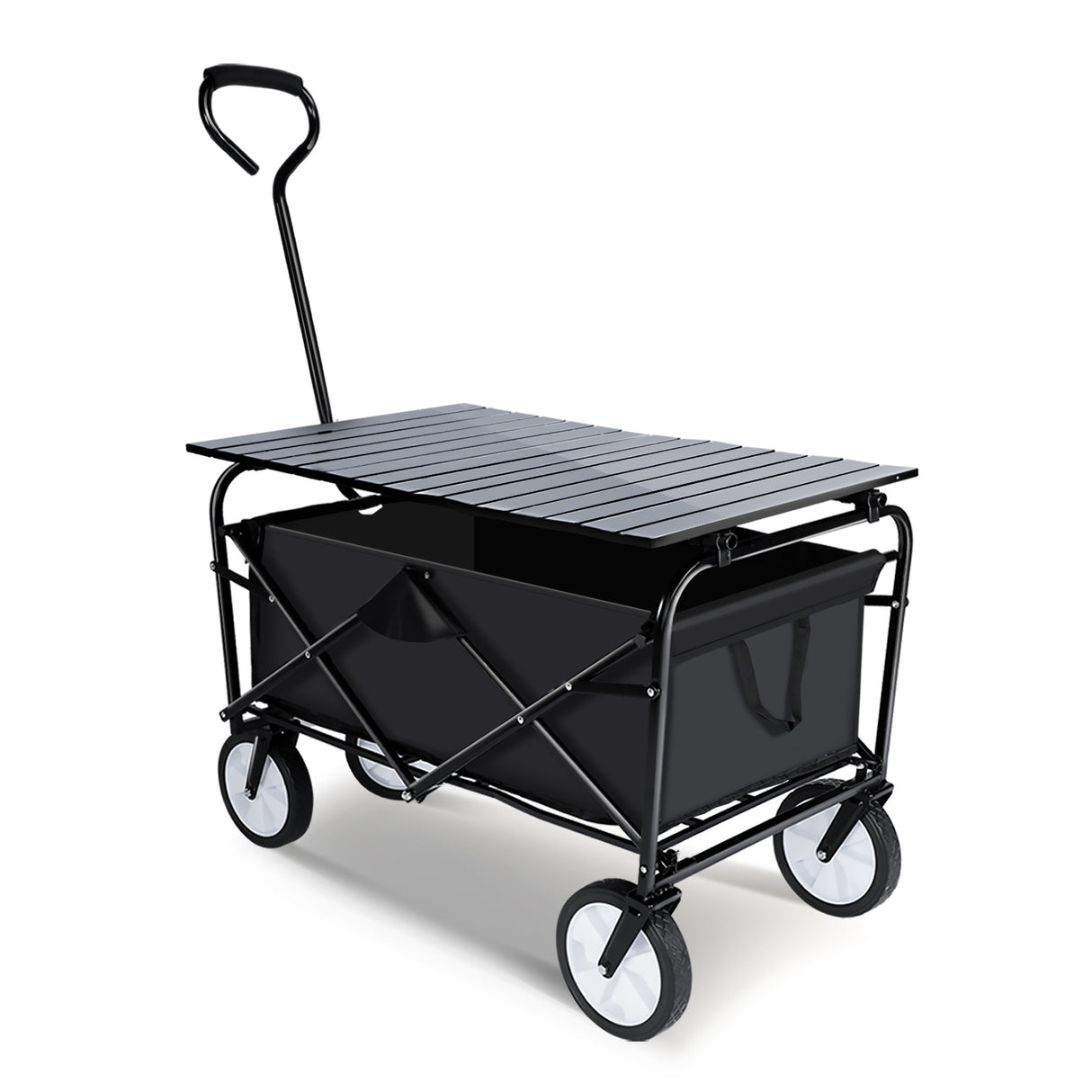 Portable Folding Wagon Table Combo Utility Outdoor Camping Cart na may Universal Anti-slip Wheels Adjustable Handle Kasama ng Metal Board Desktop Black 176 lbs Capacity