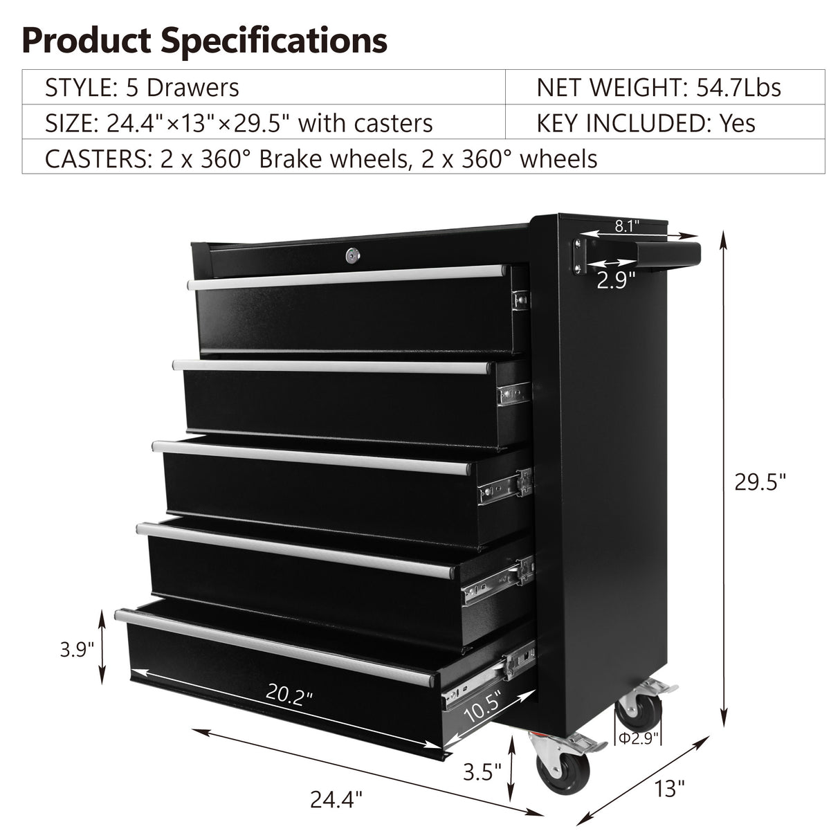 5 Drawers Rolling Tool Chest Cabinet na may Wheels Storage Cabinet at Box Organizer para sa Garage Warehouse Workshop Black