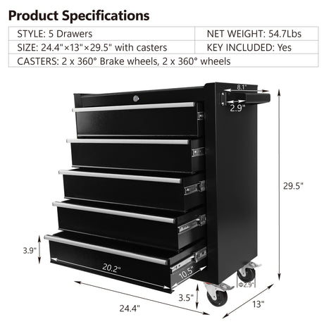 5 laden gereedschapskast met wielen, opbergkast en box-organizer voor garage, magazijn, werkplaats, zwart