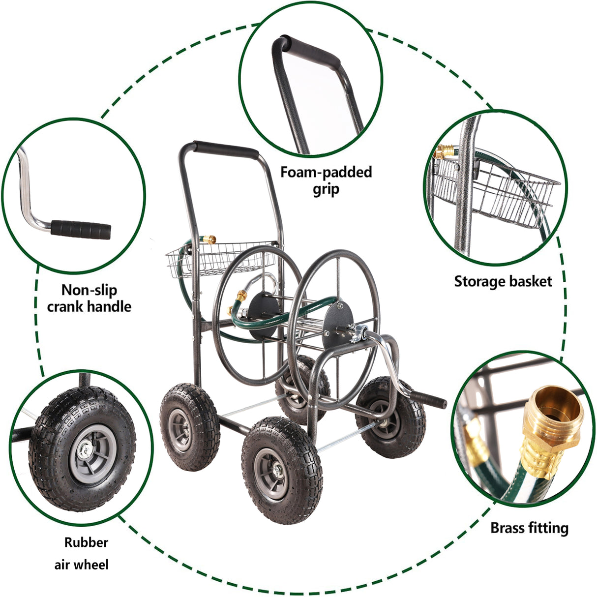 4 Wheels Portable Garden Hose Reel Cart with Storage Basket Rust Resistant Heavy Duty Water Hose Holder