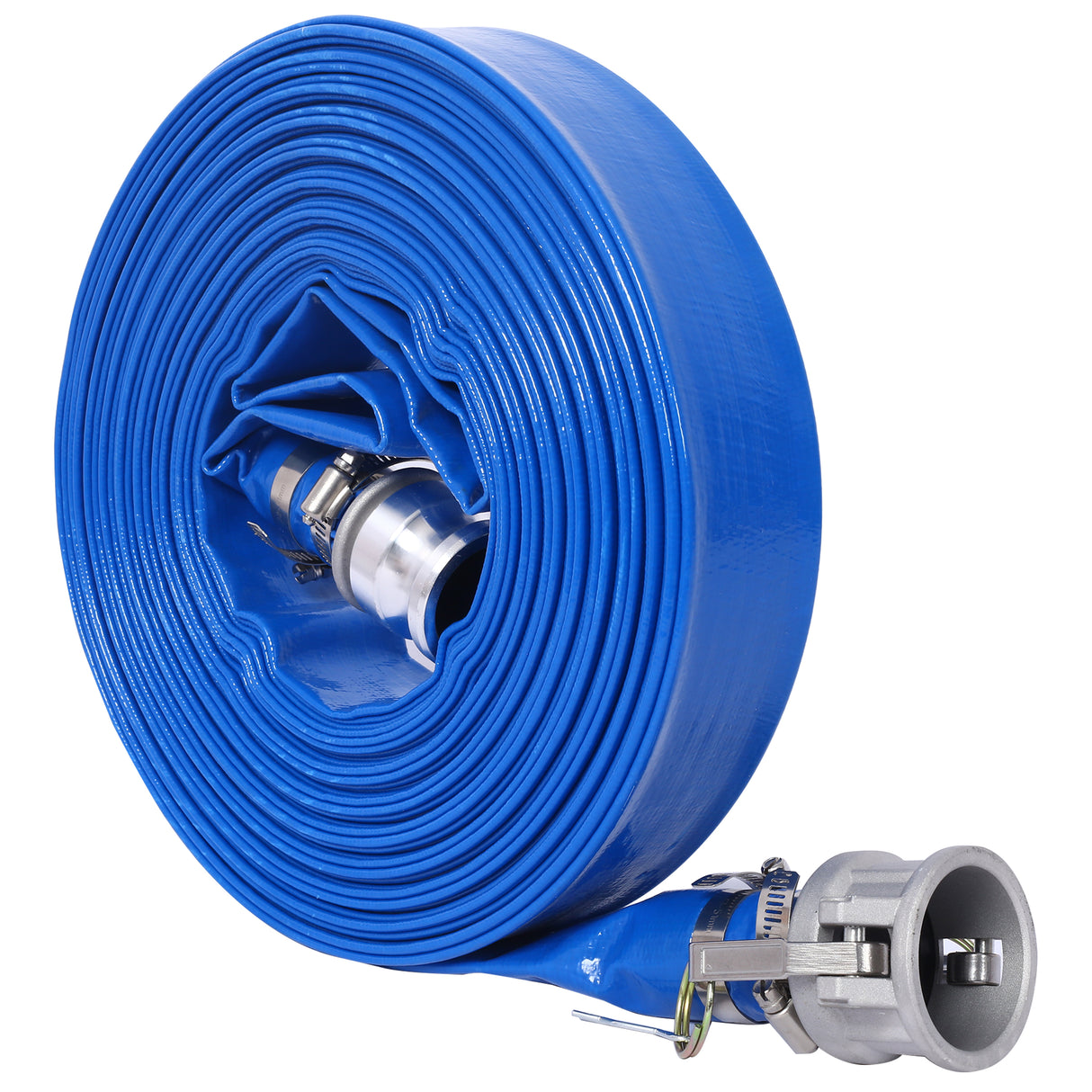 1,5" ID × 100 ft Pool Backwash Slange Heavy Duty Forsterket Blå PVC Lay Flat Vannutløpspumpeslanger for svømmebassenger og rene filtre med Camlock C og E-koblinger i aluminium