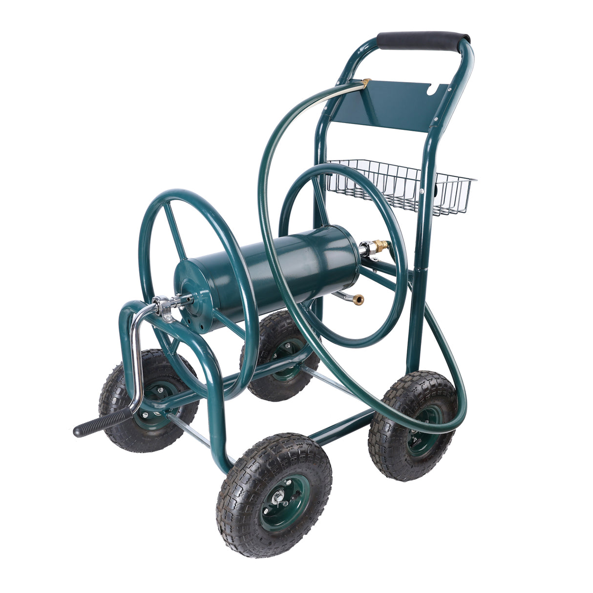 Carrello avvolgitubo da giardino 4 ruote portatile con cestello portaoggetti Supporto per tubo dell'acqua resistente alla ruggine Verde