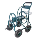 Carrello avvolgitubo da giardino 4 ruote portatile con cestello portaoggetti Supporto per tubo dell'acqua resistente alla ruggine Verde