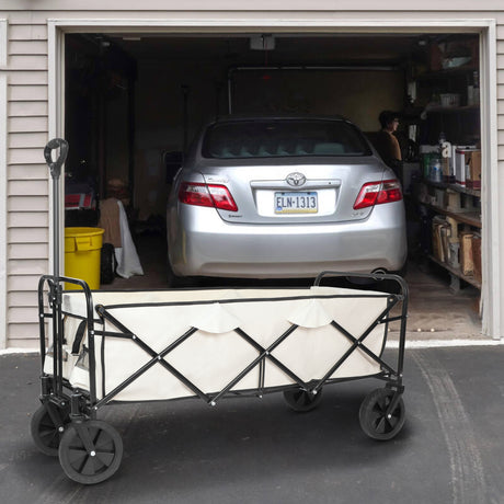 Extended Folding Utility Wagon 330LBS Heavy Loaded Collapsible Garden Cart with Anti-Slip Wheels Adjustable Handle and Side Pockets Large X-Large White