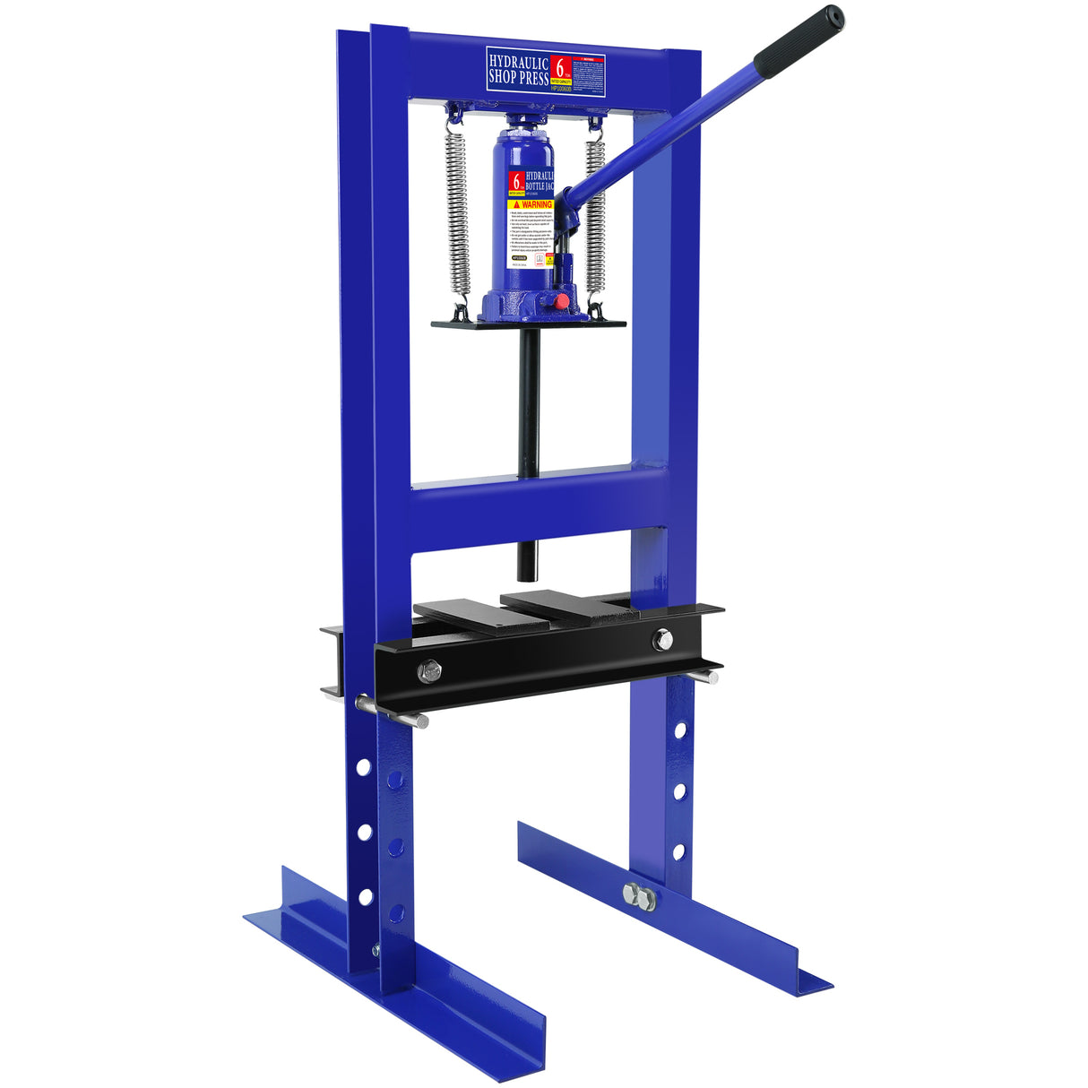 Steel H-Frame Hydraulic Shop Press with Stamping Plates to Bend Straighten or Press Parts Install Bearings and U-Joints 6 Ton Capacity Blue