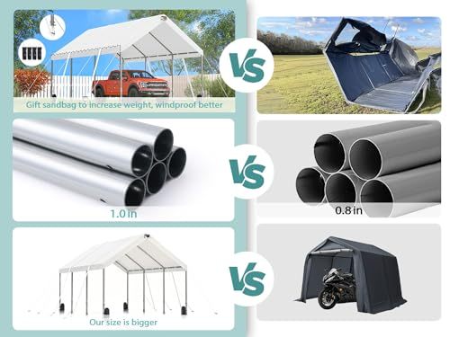 Sannwsg 10 * 20 Heavy Duty Carport Canopy Extra Large Portable Car Tent Garage na may Adjustable Peak Taas mula 9.5ft hanggang 11ft Naaalis na Roof at Side Walls para sa Car SUV Boat--Gray