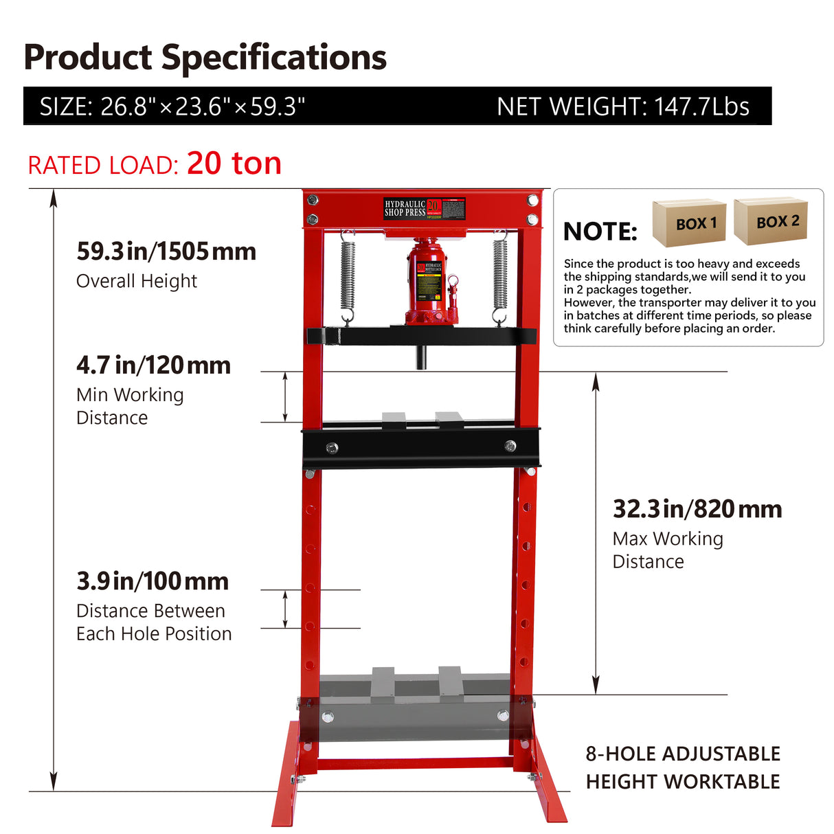 20 Ton Hydraulic Shop Floor Press Steel H-Frame Adjustable Working Table Stand Jack for Gears and Bearings Red