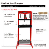 20 ton hydraulische werkplaatspers Stalen H-frame verstelbare werktafelstandaard Jack voor tandwielen en lagers Rood