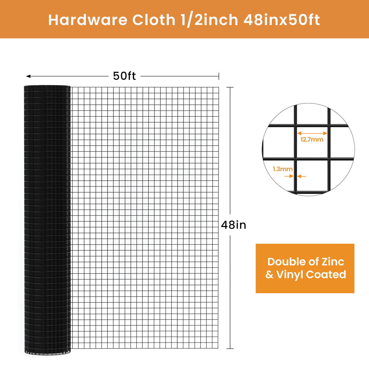 Black Hardware Cloth 1/2 inch 48" x 50' 19 Gauge Vinyl Coated Welded Wire Mesh Roll