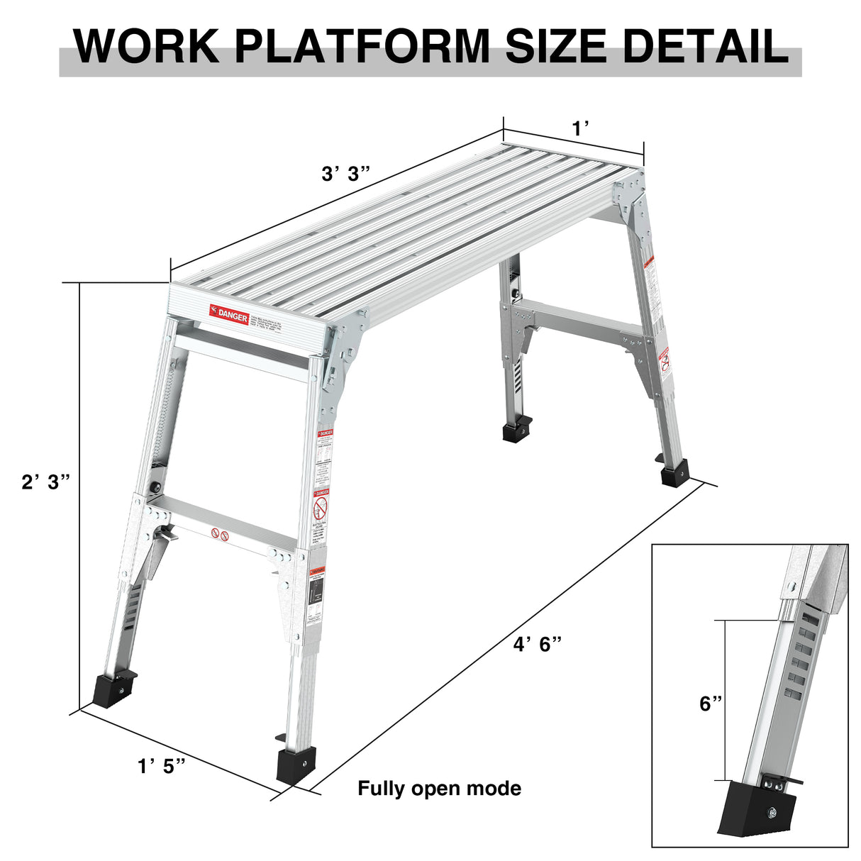 Aluminum Work Platform Large Size Step Stool Folding Portable Bench 40" Width Telescopic Feet 22" -27.5" Height Adjustable--Grey